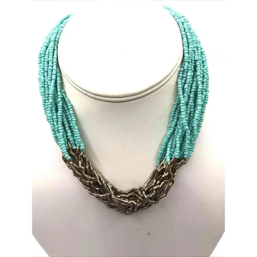 Teal‎ Turquoise Blue Seed Bead Multi Strand and Gold Tone 17